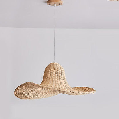 24'' Rustic Hat Shaped Rattan Pendant Light Dining Room Ceiling Light