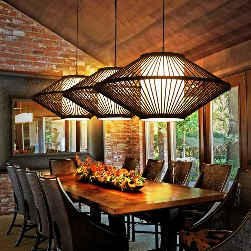 Circular Quasi Pyramid Shaped Black Bamboo Bedroom Pendant Lighting