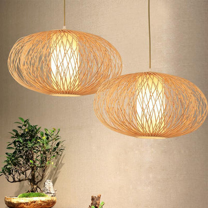 Candyfloss Shaped Ceiling Light Horizontally Oval Bamboo Woven Pendant Light