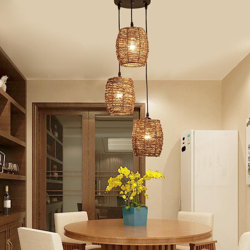 3 Piece Set of Transparent Burlywood Wicker Pendant Light Living Room Light