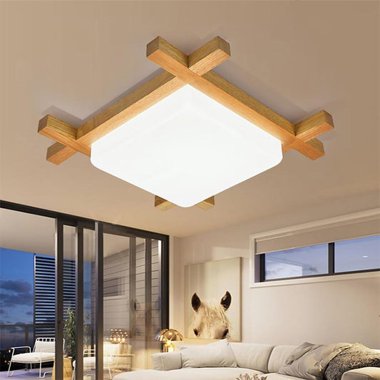 Square Rustic Wood Dimmable LED Modern Flush Mount Ceiling Light