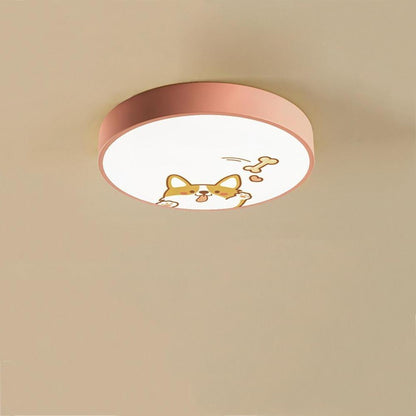 Circular Dog Image Flush Mount Drum Light LED Metal Bedroom Ceiling Light for Baby Kids