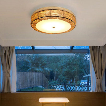 Compact Flush Mount Lighting Covered In Burly wood Wicker