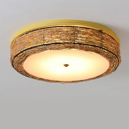 Compact Flush Mount Lighting Covered In Burly wood Wicker