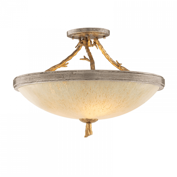 Semi Flush Mount, 3-Light, Gold And Silver Leaf, Golden Ice Shade, 19.25"Dia (66-33-VGL/SSL 95DM)