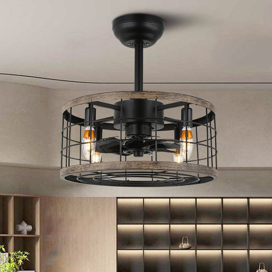 Creative Retro Industrial Style Wrought Iron Cage Noiseless Fan Chandelier