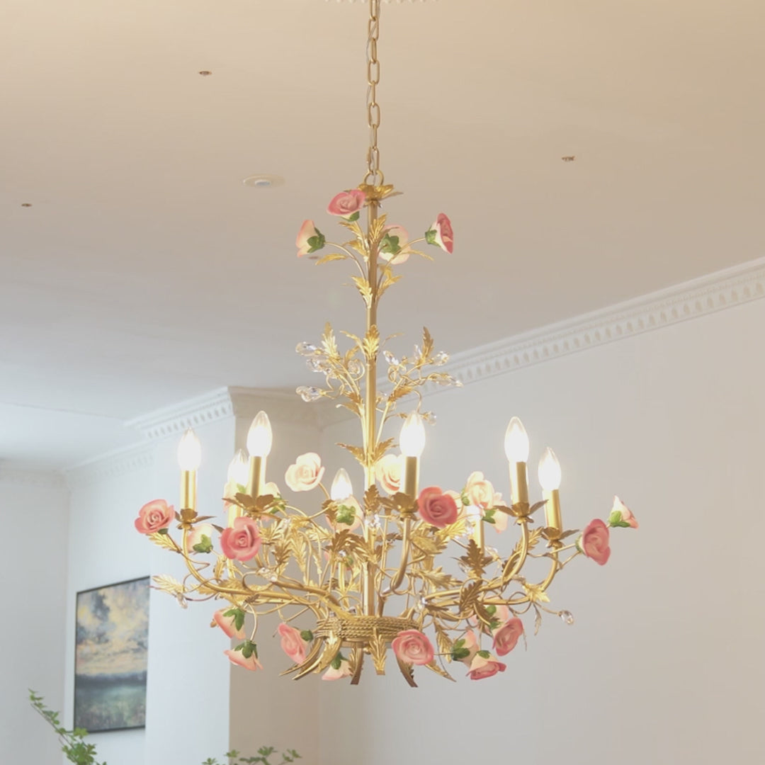 French Luxury Ceramic Pink Roses Chandeliers: 6/8-Light Candlelight Pastoral Charm