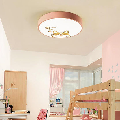 Circular Dog Image Flush Mount Drum Light LED Metal Bedroom Ceiling Light for Baby Kids