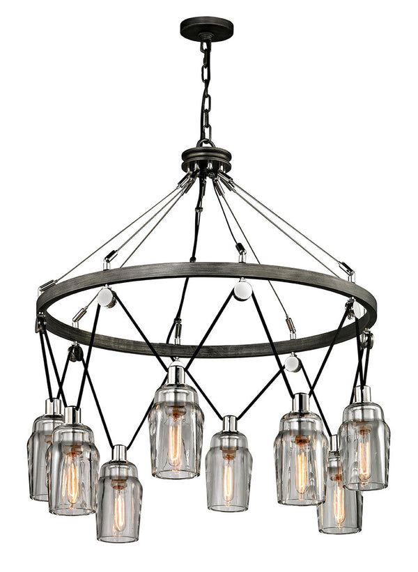 Pendant, 8-Light, Graphite And Polished Nickel, Clear Pressed Glass Shade, Large, 33.75"W (F5998 MEDT)