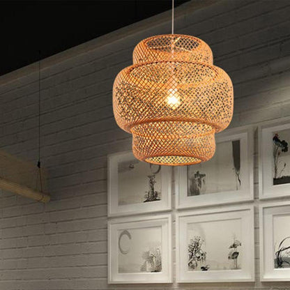 3-Tiered Rustic Bamboo Woven Pendant Light Living Room Lighting Ideasing 1-Light Single Cylinder Pendant