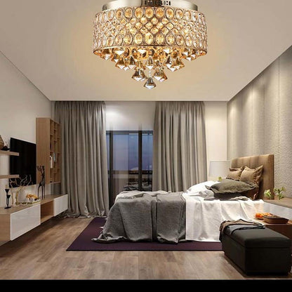 4-Light Drum Shaped Crystal Metal Modern Flush Mount Lighting Chandelier