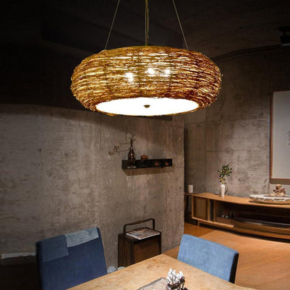 Flat Peach Shaped Wicker Pendant Light Farmhouse Burlywood Ceiling Light