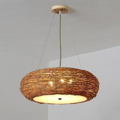 Flat Peach Shaped Wicker Pendant Light Farmhouse Burlywood Ceiling Light