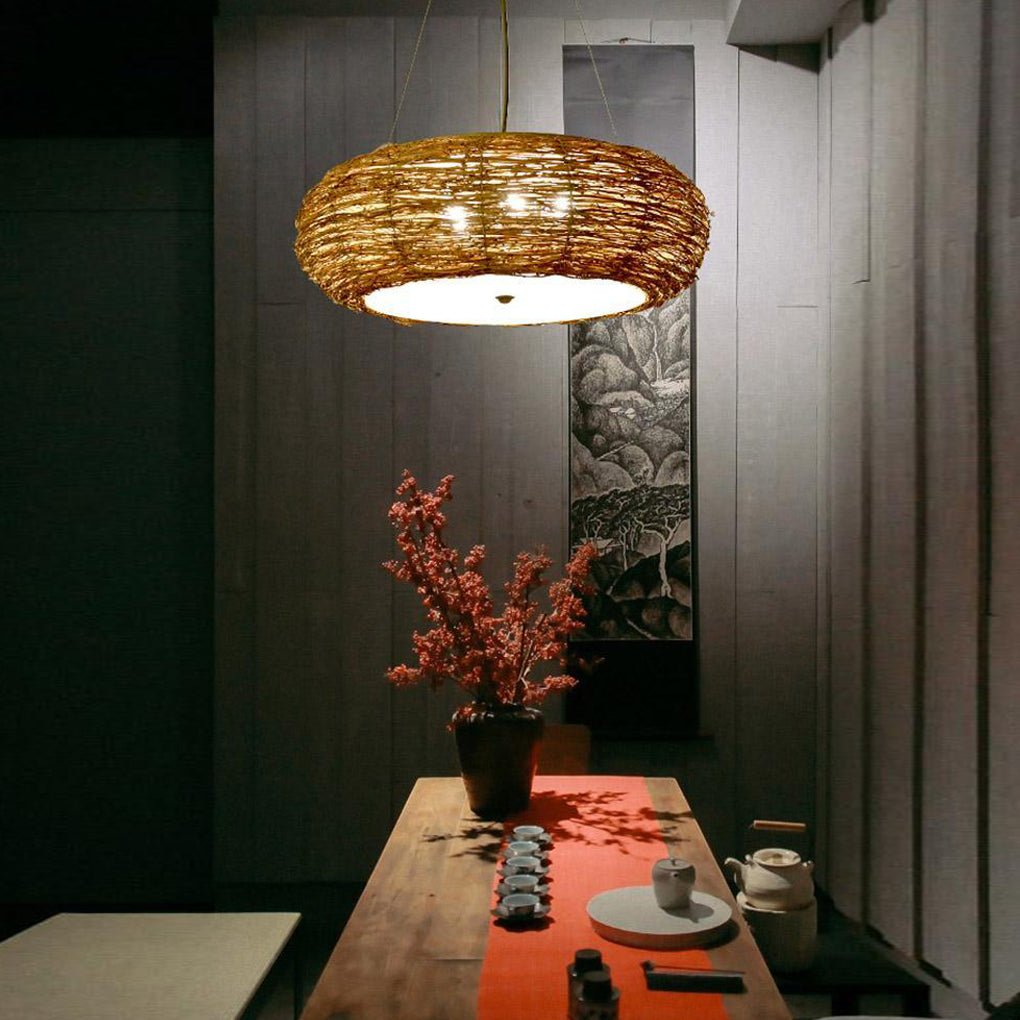 Flat Peach Shaped Wicker Pendant Light Farmhouse Burlywood Ceiling Light