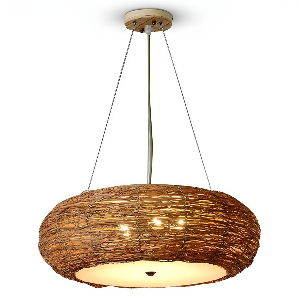 Flat Peach Shaped Wicker Pendant Light Farmhouse Burlywood Ceiling Light