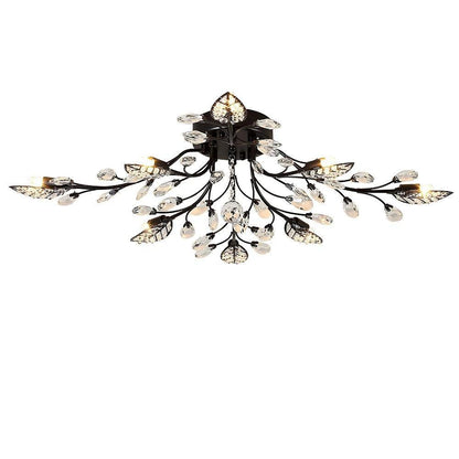 Vintage Crystal Branches Leaf Semi-Flush Mount Chandelier | 8-Light LED, 31.19'' Wide, Antique Brass