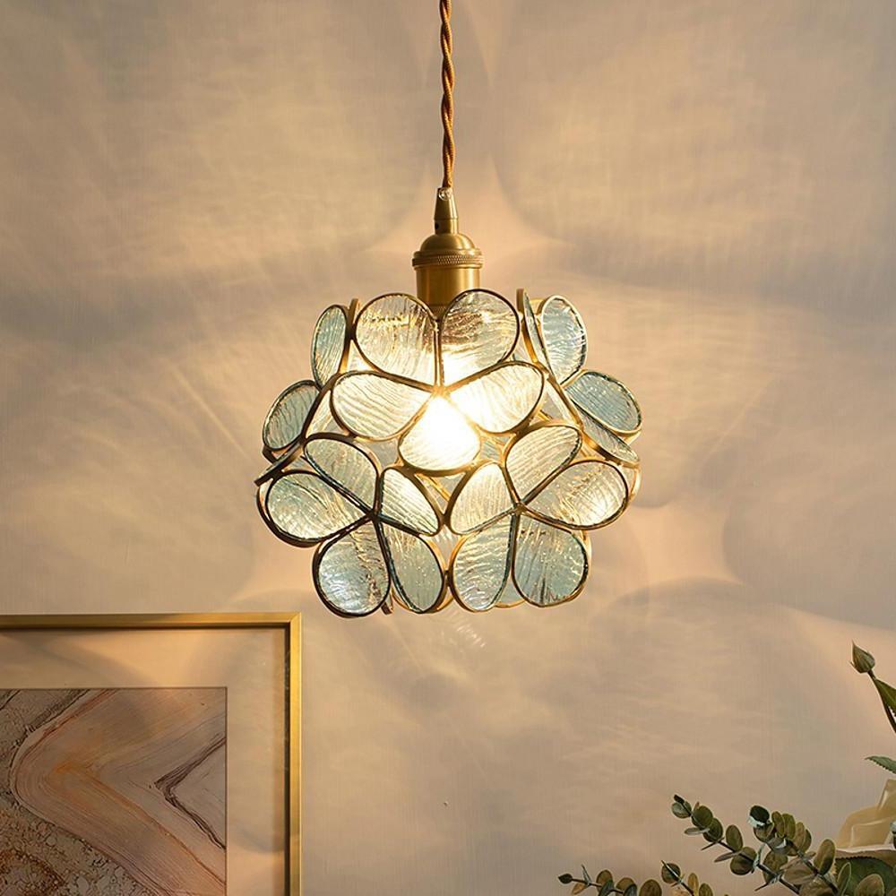 Flower Patterned Modern Glass Copper Pendant Light Kitchen Hanging Pendant Lights