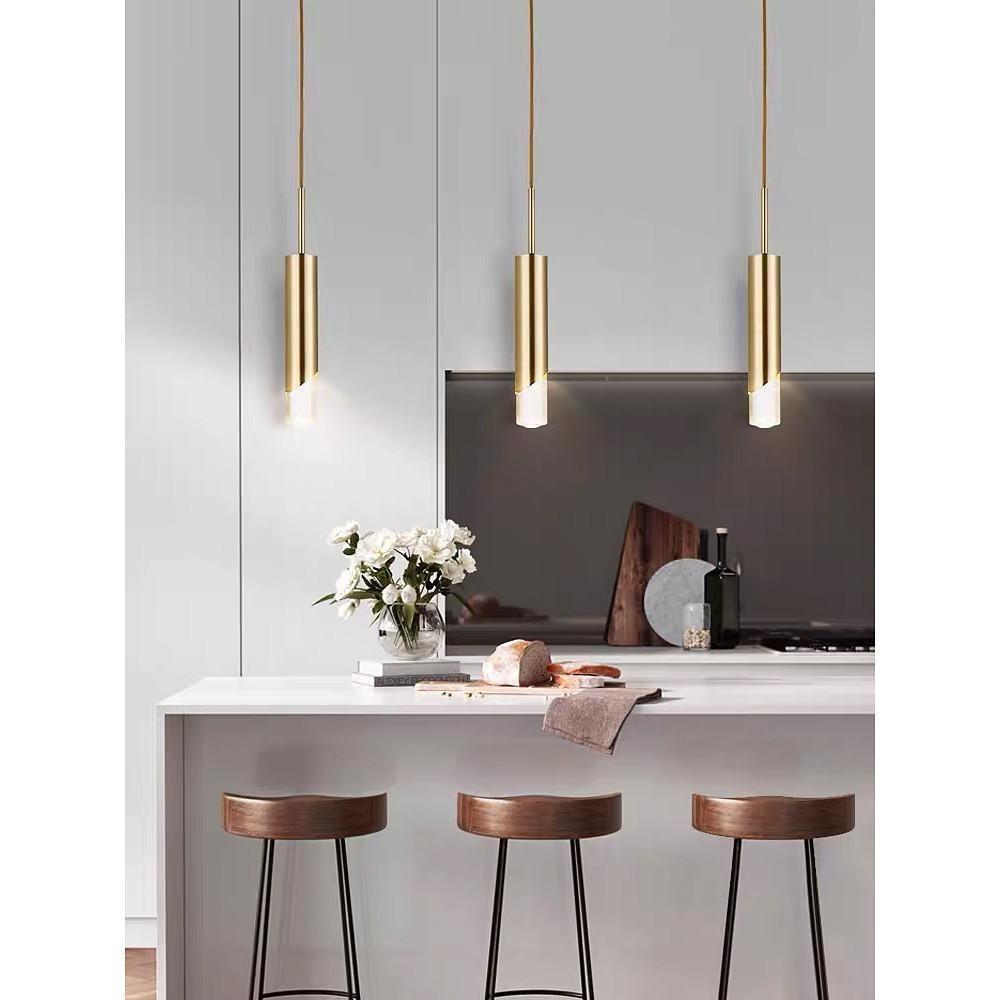 Elongated Slender Cylinder Modern Gold Crystal Column Pendant Lights