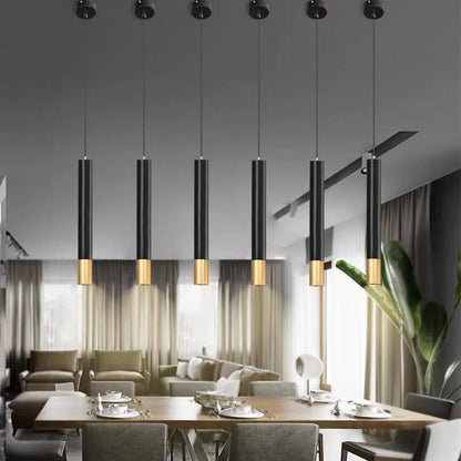 Elongated Cylinder Black and Gold Metal Shade LED Modern Pendant Light Island Hanging Lights