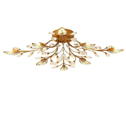 Vintage Crystal Branches Leaf Semi-Flush Mount Chandelier | 8-Light LED, 31.19'' Wide, Antique Brass