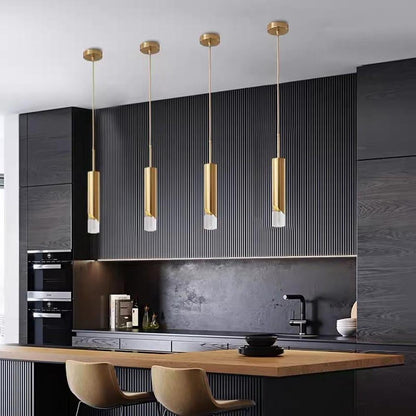 Elongated Slender Cylinder Modern Gold Crystal Column Pendant Lights