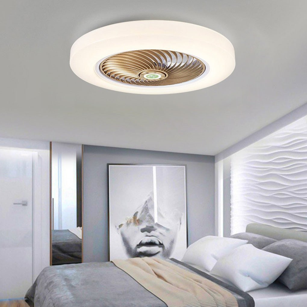 Modern Flush Mount Bladeless Enclosed Ceiling Fan with Round Bright LED Lighting and Remote