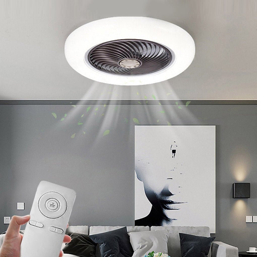 Modern Flush Mount Bladeless Enclosed Ceiling Fan with Round Bright LED Lighting and Remote