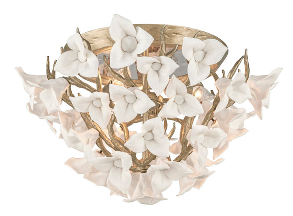 Flush Mount, 4-Light, Enchanted Silver Leaf, Porcelain Flowers Shade, 18.25"W (211-34 8YJN)