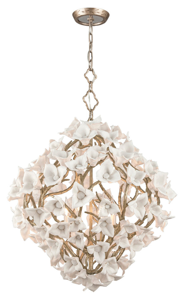 Pendant, 6-Light, Enchanted Silver Leaf, Porcelain Flowers Shade, 26.25"W (211-46 8YJP)