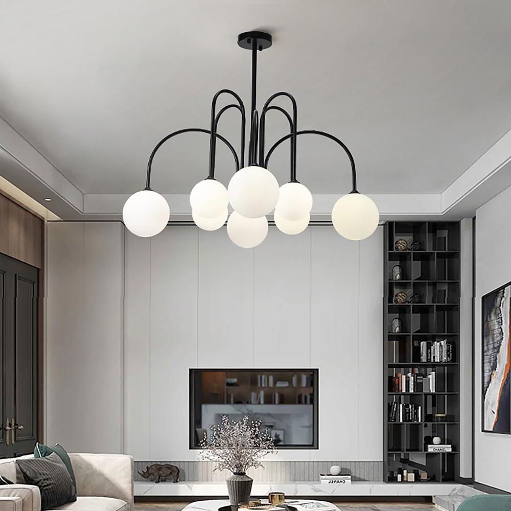 Sputnik Multi-light White Ball Glass Shade Pendant Lights Gold/Black Curved Linear Chandelier