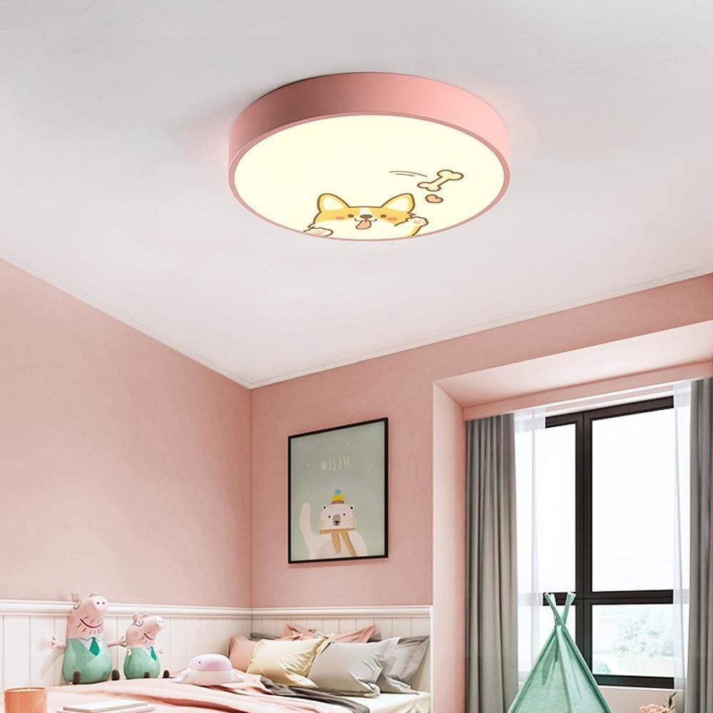 Circular Dog Image Flush Mount Drum Light LED Metal Bedroom Ceiling Light for Baby Kids