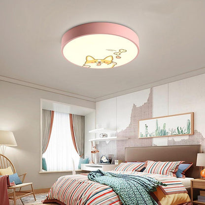 Circular Dog Image Flush Mount Drum Light LED Metal Bedroom Ceiling Light for Baby Kids