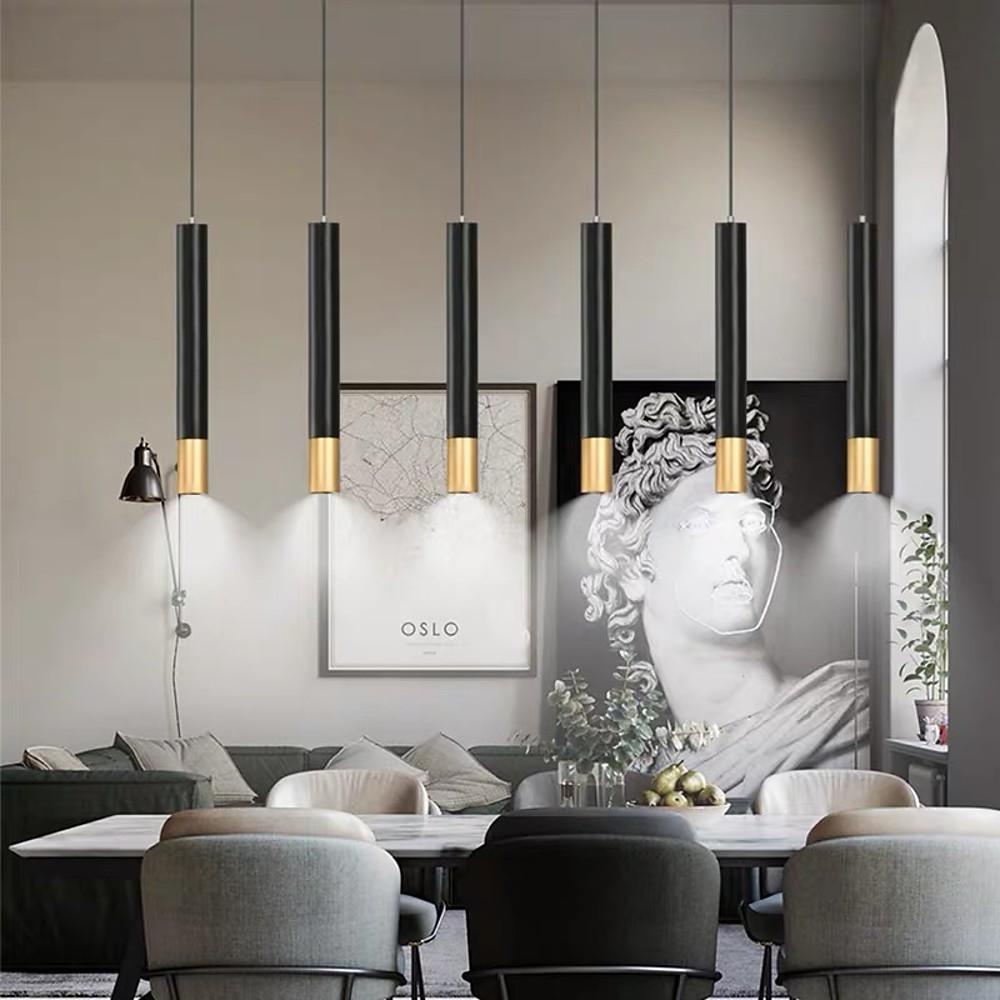 Elongated Cylinder Black and Gold Metal Shade LED Modern Pendant Light Island Hanging Lights