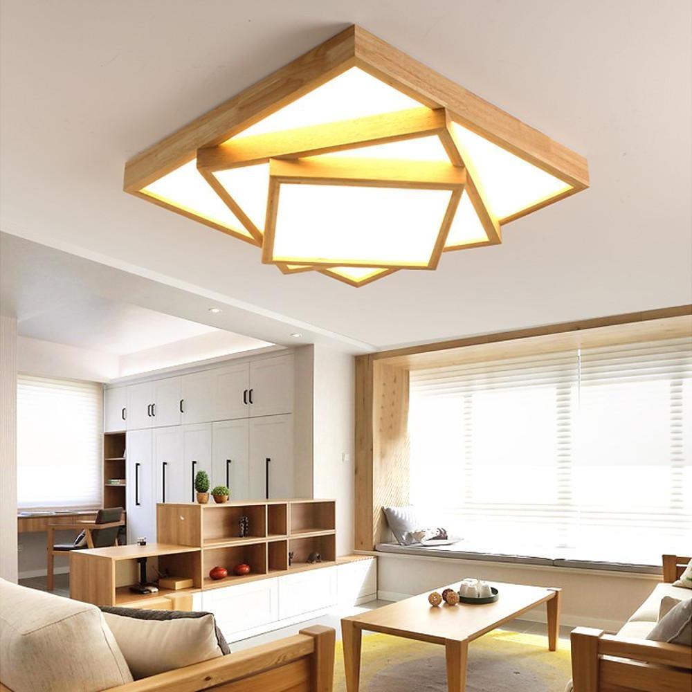 Artistic Wood Squares Dimmable LED Nordic Ceiling Light Flush Mount Lighting