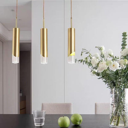 Elongated Slender Cylinder Modern Gold Crystal Column Pendant Lights