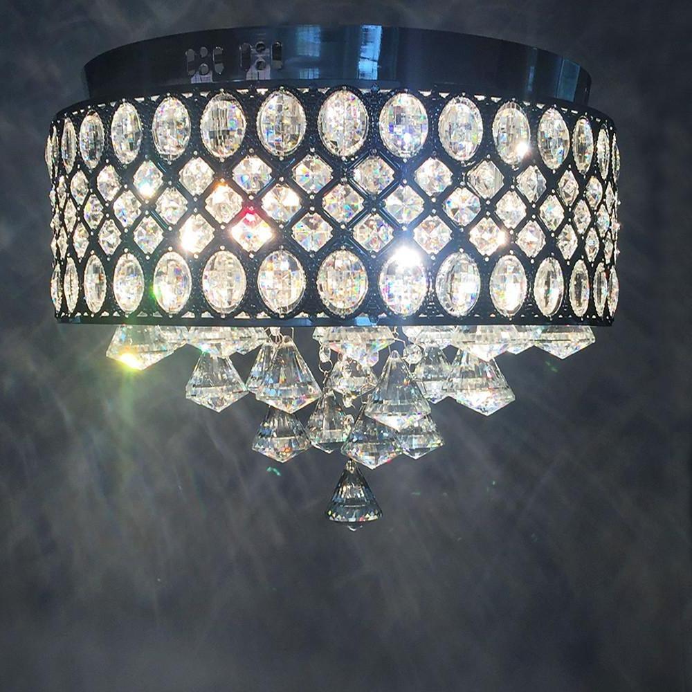 4-Light Drum Shaped Crystal Metal Modern Flush Mount Lighting Chandelier