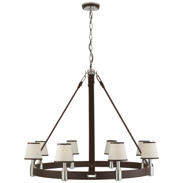 Large Ring Chandelier - Polished Nickel and Chocolate Leather