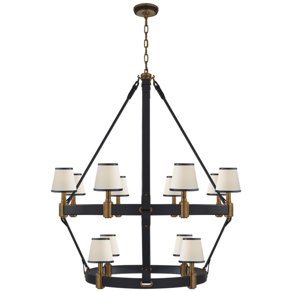 Large Two Tier Chandelier - Natural Brass and Navy Leather