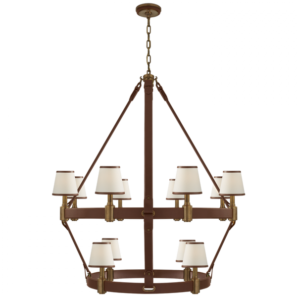 Large Two Tier Chandelier - Natural Brass and Saddle Leather