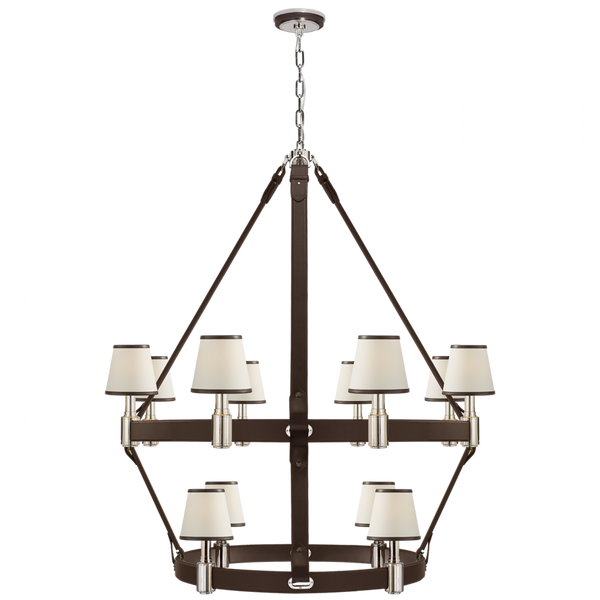 Large Two Tier Chandelier - Polished Nickel and Chocolate Leather