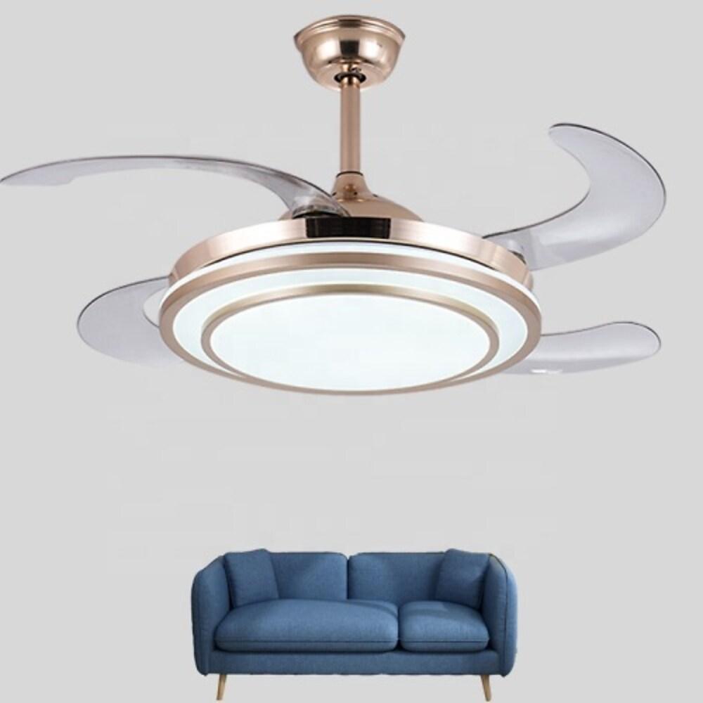 4 Blade Gold Finish Chandelier Retractable Ceiling Fan With LED Light