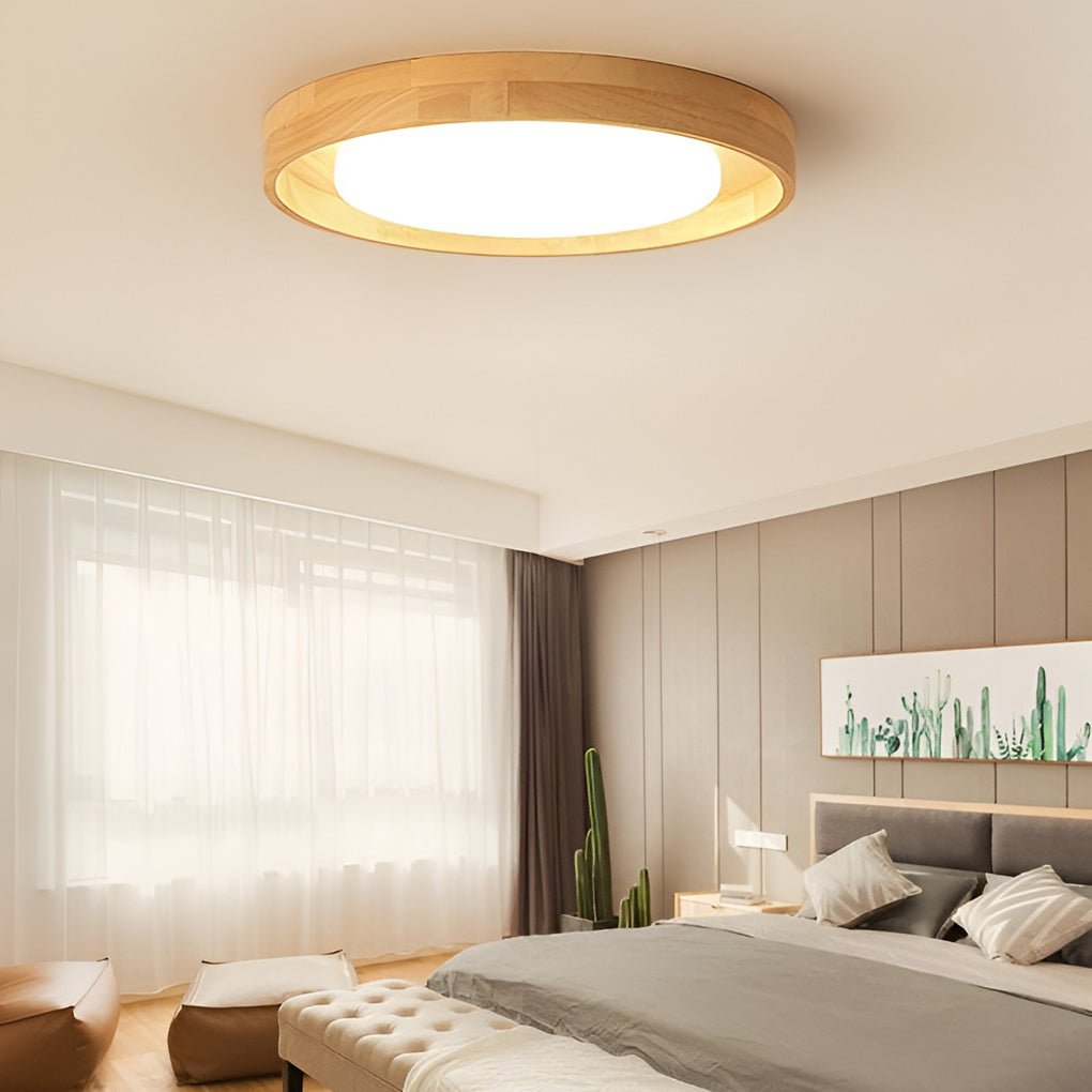 Round Dimmable LED Wooden Nordic Ceiling Lights Fixture Flush Mount Ceiling Lamp