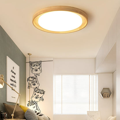 Round Dimmable LED Wooden Nordic Ceiling Lights Fixture Flush Mount Ceiling Lamp