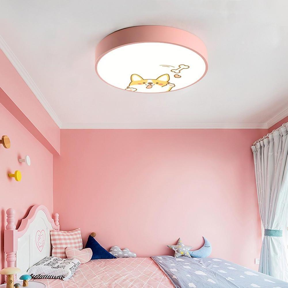 Circular Dog Image Flush Mount Drum Light LED Metal Bedroom Ceiling Light for Baby Kids