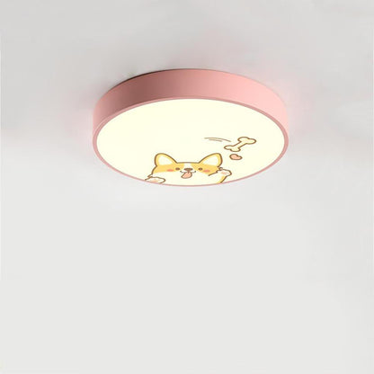 Circular Dog Image Flush Mount Drum Light LED Metal Bedroom Ceiling Light for Baby Kids