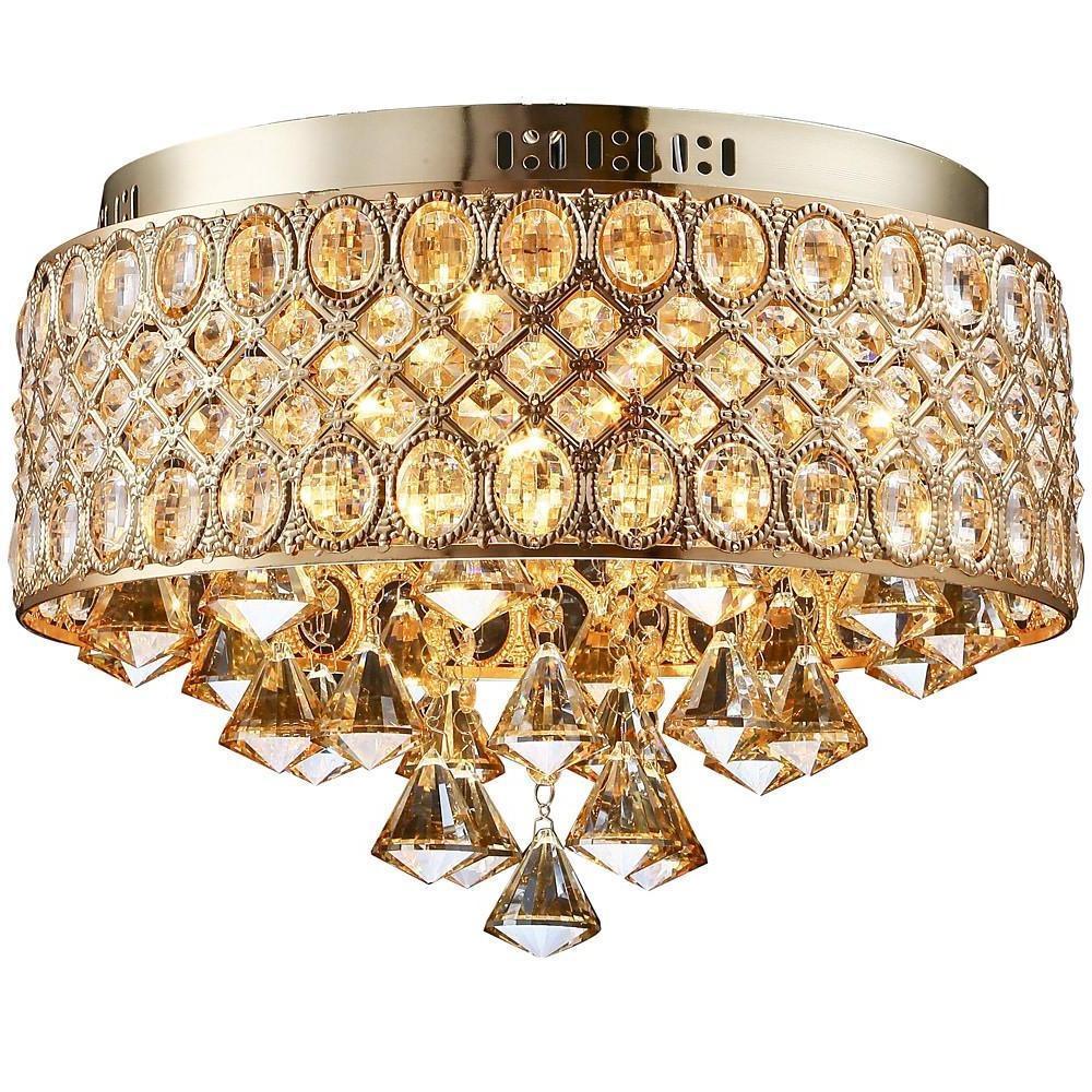 4-Light Drum Shaped Crystal Metal Modern Flush Mount Lighting Chandelier