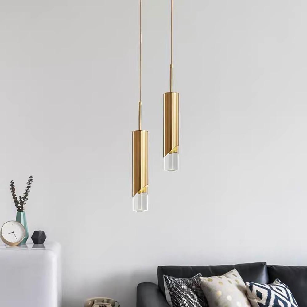 Elongated Slender Cylinder Modern Gold Crystal Column Pendant Lights