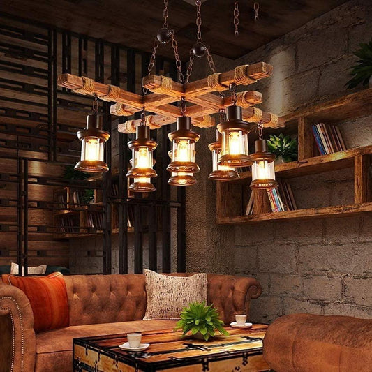 Vintage Wood Glass LED Farmhouse Pendant Lighting Chandeliers Island Lights